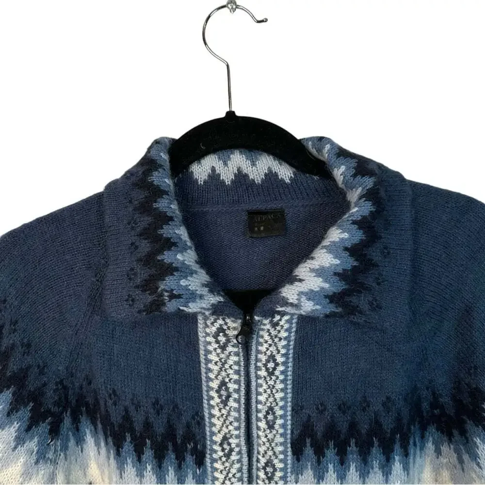 Alpaca Connection Peru Alpaca Cardigan Blue Fair Isle Cabincore Winter Large